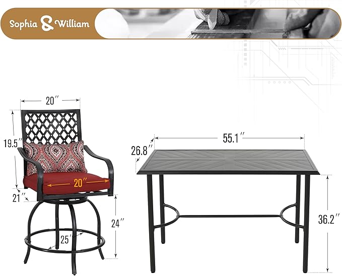 Sophia & William Patio Bar Set 5 Piece Outdoor High Dining Table and Chairs Set, 4 Swivel Bar Stools and 1 Rectangular Bar Height Table, All-Weather Metal Furniture Set with Red Cushion