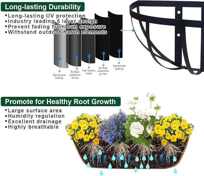 24'' Window Box Railing Planter with Coco Liner,2 Pack Horse Trough Planters Black Metal Hanging Flower Planters Basket for Porch Fence Patio Indoor Outdoor Lawn
