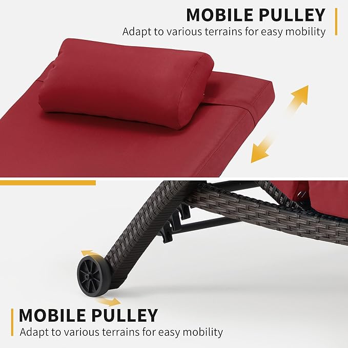 HOMREST Chaise Lounge Chairs Set of 2, PE Rattan Wicker Patio Lounge Chair with Adjustable 5 Position, Arm and Wheels for Poolside Backyard Deck Porch,Wine red
