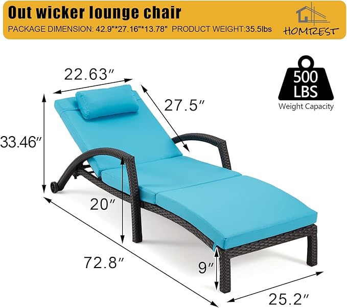 HOMREST Chaise Lounge Chairs Set of 6, PE Rattan Wicker Lounge Chair with Arm and Wheels for Poolside,Blue
