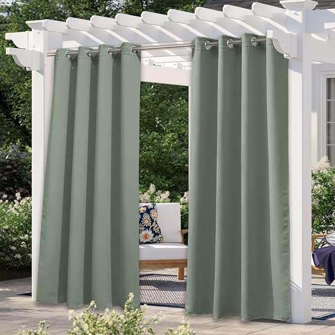 NICETOWN Patio Curtains for Outdoor Waterproof, Rustproof Grommet Thermal Insulated Room Darkening Indoor Outdoor Drapes Privacy for Balcony/Pergola, W52 x L108, Sage Green, 1 Panel