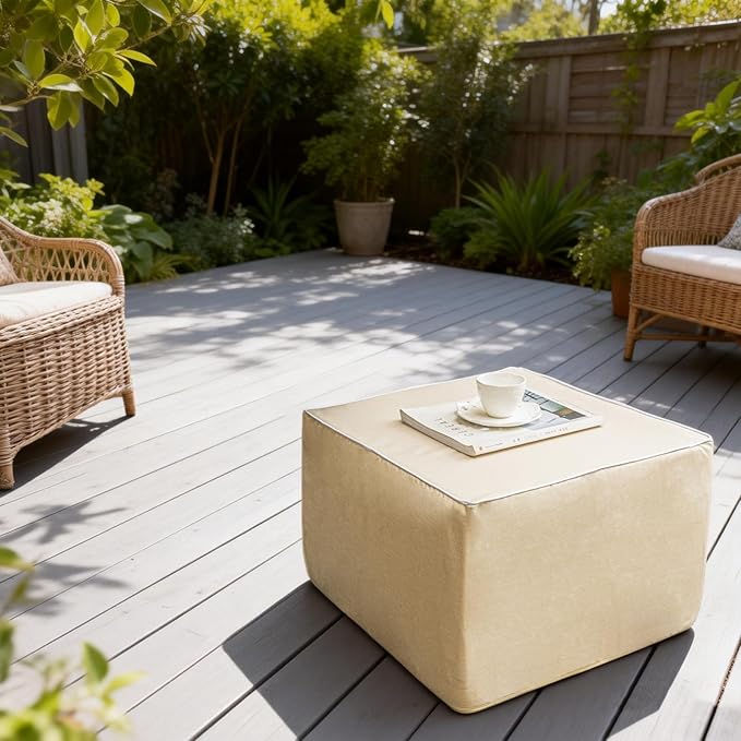 Outdoor Ottoman 20x20x14 Inches Outdoor Square Ottomans for Patio Modern Lightweight Foam Stuffed Pouf Outdoor Footstool Footrest (Linen)