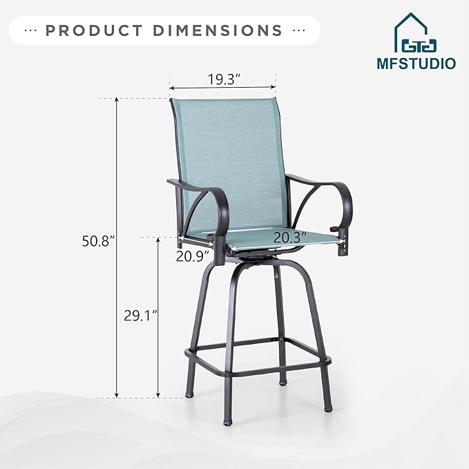 MFSTUDIO Outdoor Bar Stools Set of 2, Swivel Bar Height Patio Chairs Outdoor Barstools High Top Patio Swivel Bar Chairs with Armrest, Breathable Textilene, Turquoise Blue