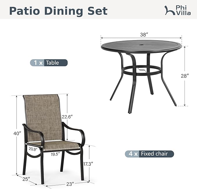 PHI VILLA 5 Piece Round Patio Dining Set, Round Metal Table with Umbrella Holes and 4 High Back Fixed Chairs All Weather Outdoor Table and Chairs Set for Deck Garden Yard