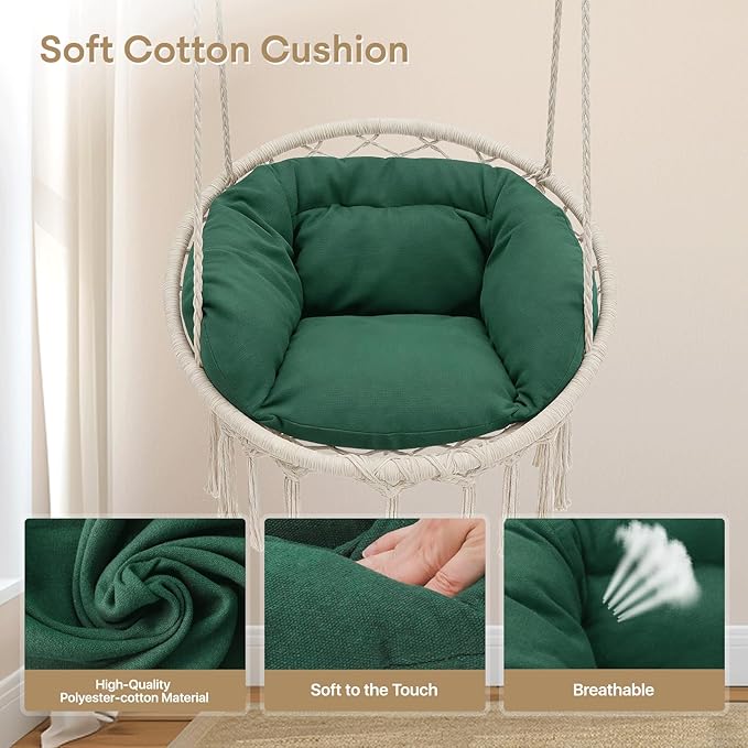 Athena Collection Hammock Chair Hanging Swing Chair with Large Thick Cushions, Outdoor Hanging Chair with Macrame Cotton Rope for Indoor, Outdoor, Bedroom, Balcony, Holds 350 Lbs, Green