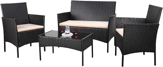 Homall 4 Pieces Outdoor Patio Furniture Sets Rattan Chair Wicker Set,Outdoor Indoor Use Backyard Porch Garden Poolside Balcony Furniture (Black and Beige)