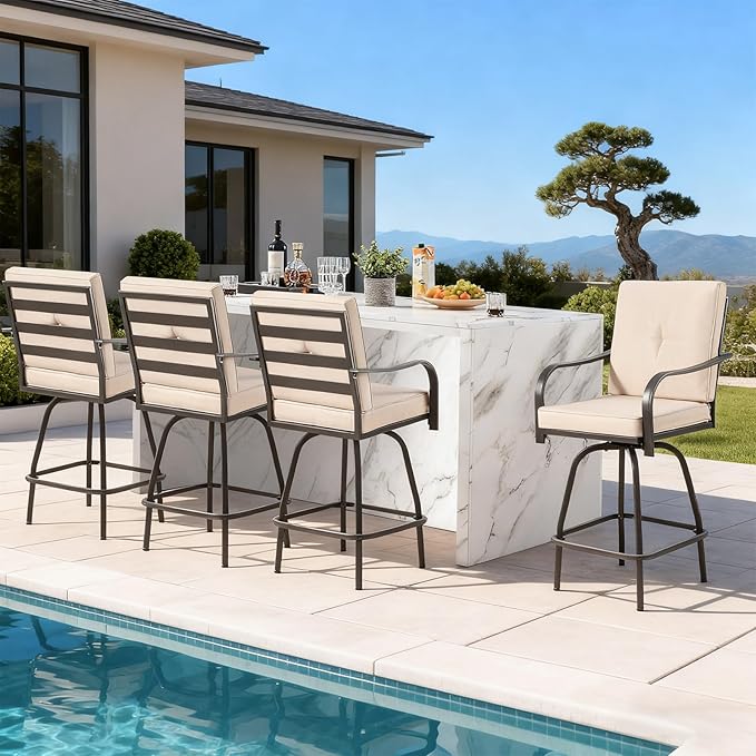 Outdoor Swivel Bar Stools Set of 4,Bar Height Patio Chairs with Cushions and High Backrest, All Weather Patio Bar Stools Furniture for Bistro Lawn, Pool, Garden and Backyard,Light Brown