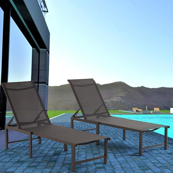 Outdoor Lounge Chairs for Pool, Aluminum Chaise Lounge Chair with 5-Position Recliner, Patio Lounge Chair for Backyard, Poolside, Lawn (Black, 2 Pack)