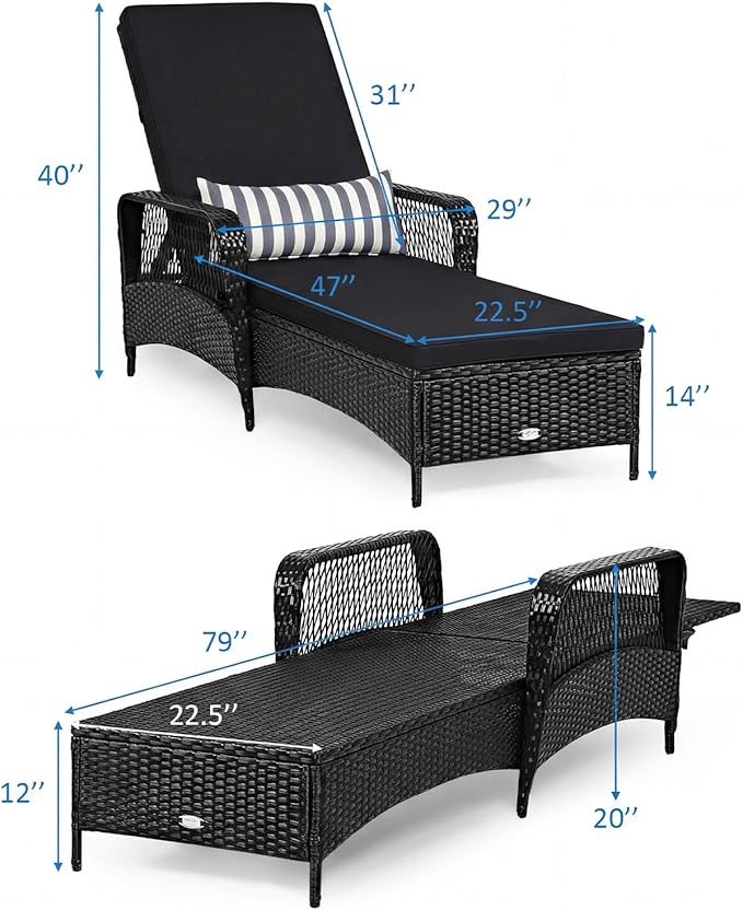 Tangkula Wicker Chaise Lounge Outdoor Set of 2, Patio Rattan Reclining Chaise with 6-Gear Adjustable Backrest, Thick Padded Cushion & Removable Lumbar Pillow, Pool Lounge Chairs (Black)