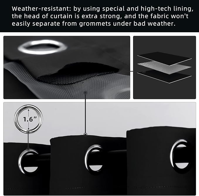 DIVA EN CAMINO DEC Outdoor Patio Curtain Waterproof Darkening Thermal Insulated Indoor Curtains for Bedroom, Porch, Living Room, Pergola, Cabana, W52 x L95, Black, Set of 2 Panels