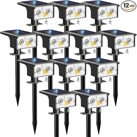 btfarm Solar Spot Lights Outdoor Waterproof, 12 Pack/3 Modes Motion Sensor Lights, Solar Powered Spotlights 2-in-1 Auto On/Off for Outside Pathway Yard Garden Landscape Lighting, Cool White