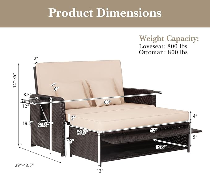 HAPPYGRILL Patio Rattan Wicker Daybed with Loveseat & Storage Ottoman, Outdoor Lounge Sofa Furniture Set with Adjustable Backrest & Side Trays, for Poolside Deck Porch Lawn (Mix Brown & Beige)