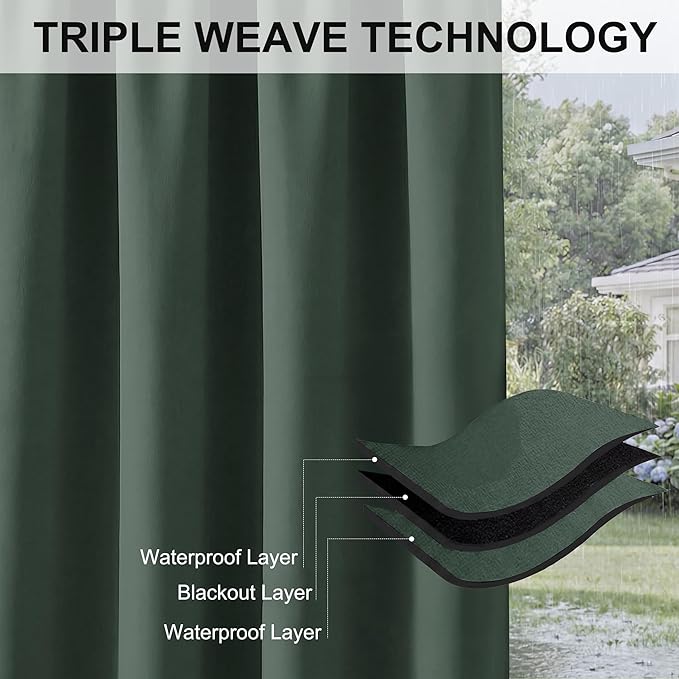 RYB HOME Outdoor Curtains for Patio Waterproof Block Sunlight Thermal Insulated Privacy Assured Thick Outside Curtains for Pergola, Deck, Gazebo, W52 x L90, Dark Green, 1 Panel