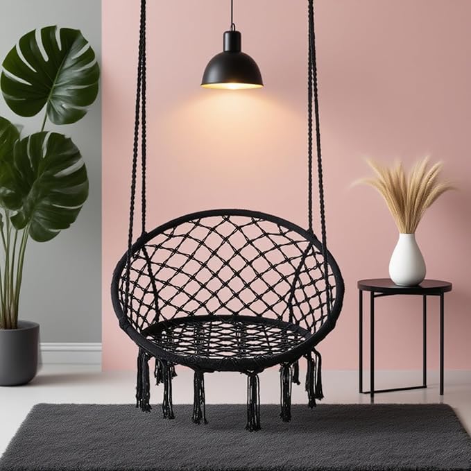 Goutime Hammock Chair, Macrame Hanging Indoor Swing Chairs with Hardware Kit,Adult Boho Swinging Swings for Outside,Patio,Balcony,Bedroom (Black (Pillows are not Included))