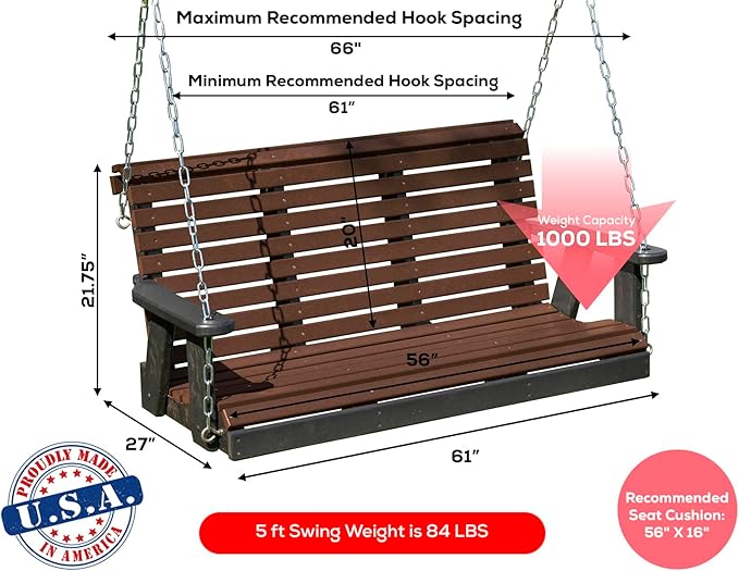 Poly Lumber Wood 5FT Porch Swing Amish Craftsmandship Made in USA HDPE with No wood fibers and 1000 lbs Limit. Stainless Steel Hardware.Signature Rollback design for Patio Outdoor Backyard Garden Park