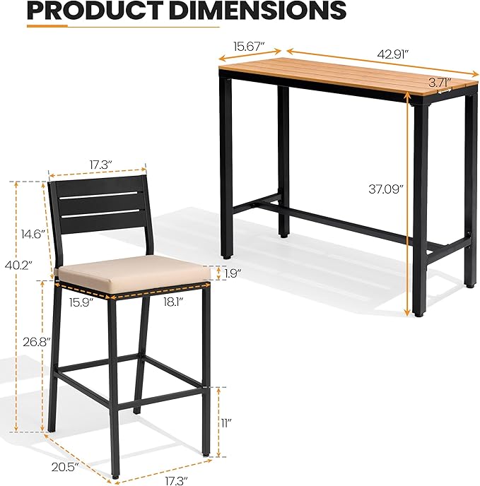 Crestlive Products Outdoor Bar Table and Chairs Set, 3 Piece Outside Patio Bar Set with 43" Long Bar Table and 2 Bar Stools for Balcony, Bistro, Garden, Backyard(Brown Desktop and Beige Cushion)