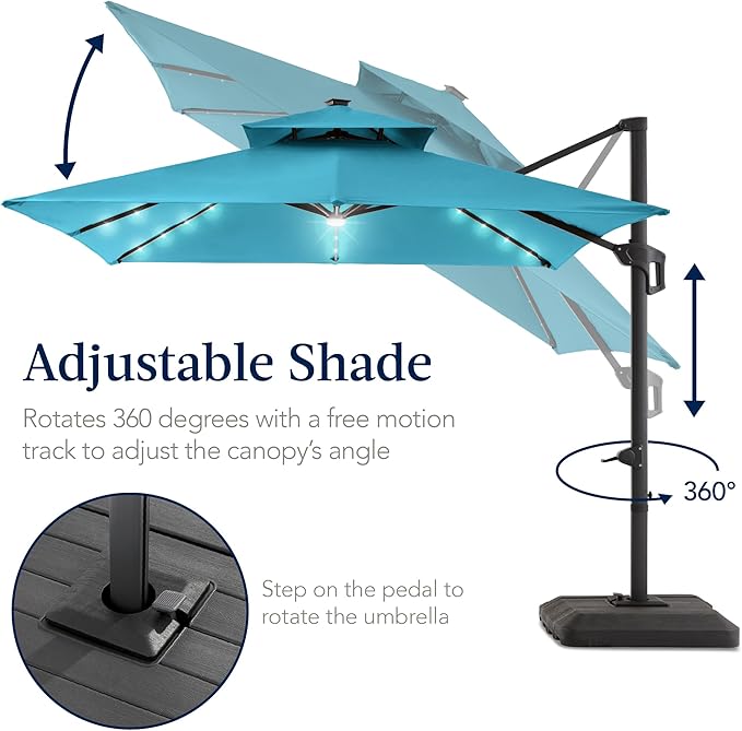 Best Choice Products 12x12ft LED Cantilever Patio Umbrella w/Base Included & 360° Rotation, Large Solar Offset Hanging Outdoor Sun Shade for Deck, Backyard Table w/Stand & Lights – Sky Blue