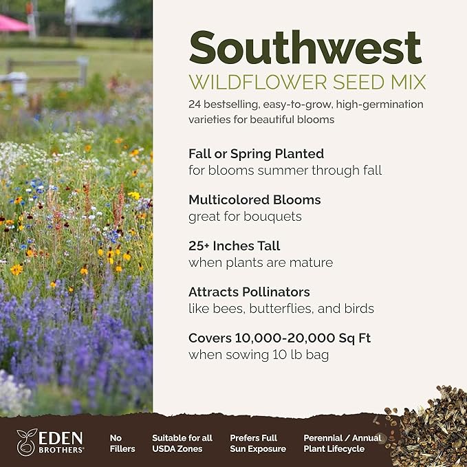 Eden Brothers Southwest Wildflower Mixed Seeds for Planting, 10 lb, 4,800,000+ Seeds with Cornflower, Blanket Flower | Attracts Pollinators, Plant in Spring or Fall, Zones 3, 4, 5, 6, 7, 8, 9, 10