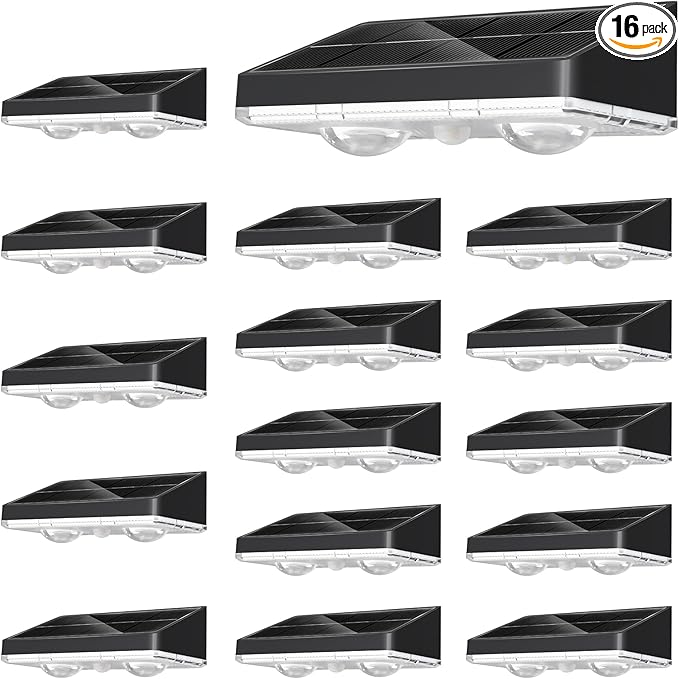 NIORSUN Solar Fence Lights,16 Pack Solars Deck Light,Warm White Color,Outdoor Bulb Waterproof Led IP65,Power Patio Lamp with Lenses for Outside/Backyard/Railing/Yard(Black)