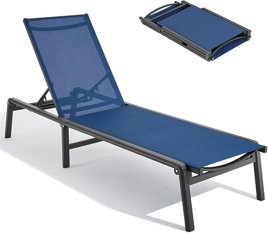 Aluminum Chaise Lounge Chair Outdoor, Foldable & Assembly Free Outdoor Lounge Chair with 5 Position Adjustable Backrest, Patio Pool Lounge Chairs for Outside Poolside Beach Lawn, 1PC, Navy Blue