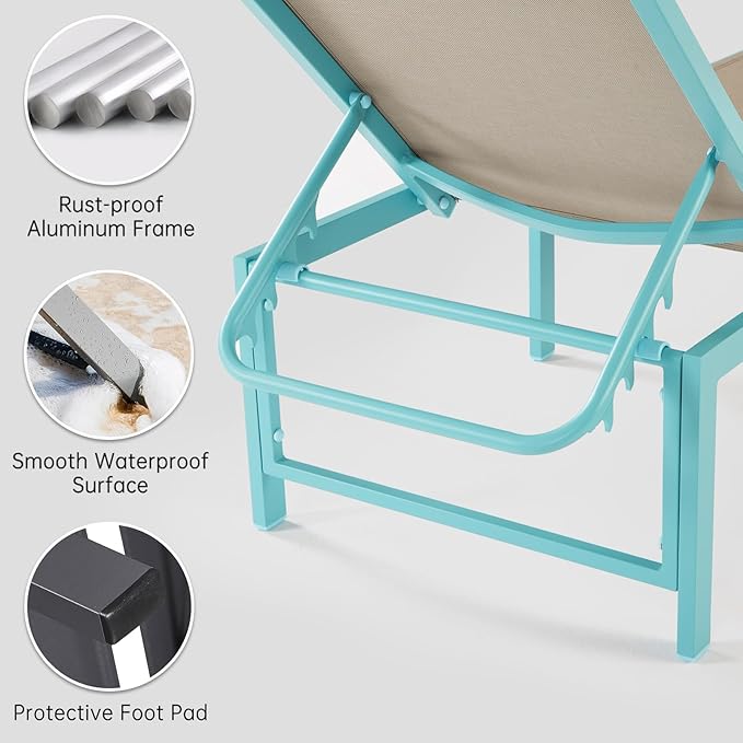 Outdoor Pool Lounge Chairs, Aluminum Patio Lounge Chairs, Five-Position Recliner Loungers for Poolside Yard Balcony Deck Beach (Blue,1PCS)