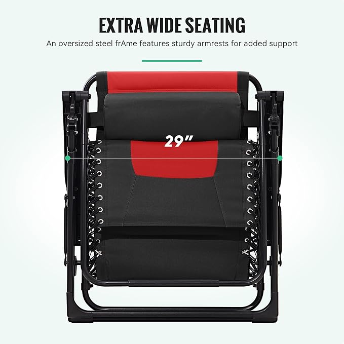 JEAREY Oversized Padded Zero Gravity Chairs, Folding Lounge Chair Outdoor Patio Recliner, Anti Gravity Chair for Backyard with Headrest, Cup Holder, Side Tray, Polyester Mesh - Black/Red