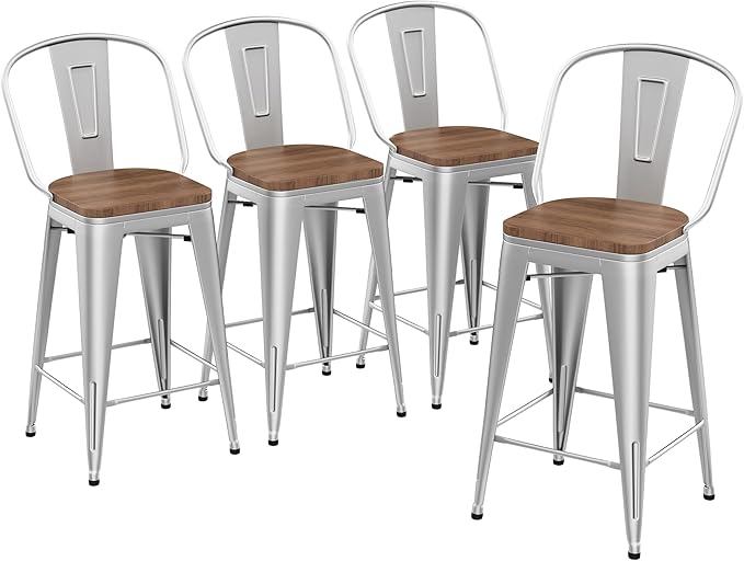 Yongqiang 30 inch Bar Stools Set of 4 Modern Farmhouse Bar Height Stools Kitchen Island Bar Chairs Metal Barstools with Wooden Seat, High Back Silver