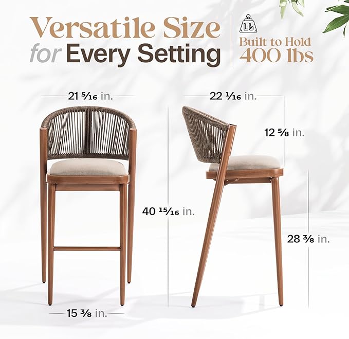 IDZO 400lbs Capacity Modern Rope Bar Stools Set of 2, 28 Inches Bar Height Stools with Comfortable Cushions, Aluminum Base and Ergonomic Curved Backrest, Easy Assembly for Indoor and Outdoor Use