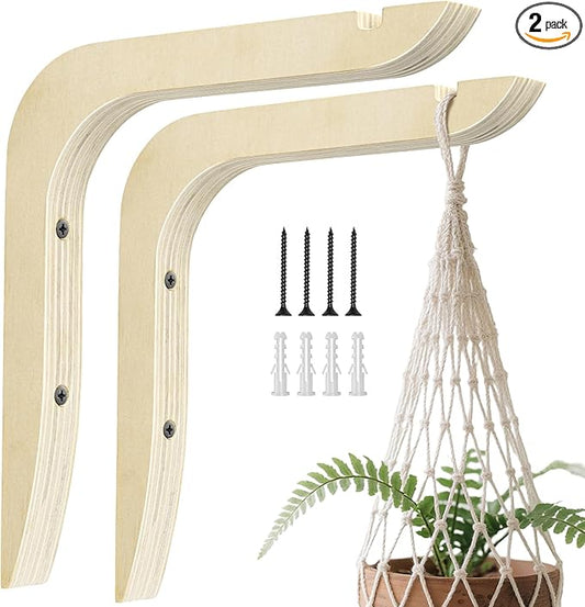 Wooden Plants Hanger, Plant Hangers Indoor Wall Mount, 8.58-Inch Hanging Plant Hooks For Wall, Basket Hooks for Lanterns, Flower Bracket, Wind Chimes, Lamp, Bird Feeders, Patio Decor(wood color 2PCS)