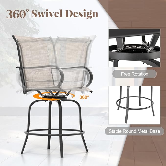 Giantex Set of 4 Swivel Outdoor Bar Stools, All-Weather Bar Height Patio Chairs, 330LBS Capacity, 360 Rotating Outside Bar Chairs with High Back Armrests, for Porch Yard Lawn Garden Pool (Grey)