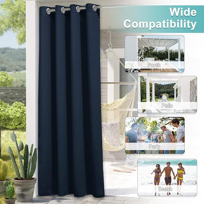 NICETOWN Patio Curtain for Outdoor Waterproof, Home Fashion Machine Washable Stainless Steel Ring Top Thermal Insulated Room Darkening Privacy for Balcony, 1 Panel, 52" W x 108" L, Navy Blue