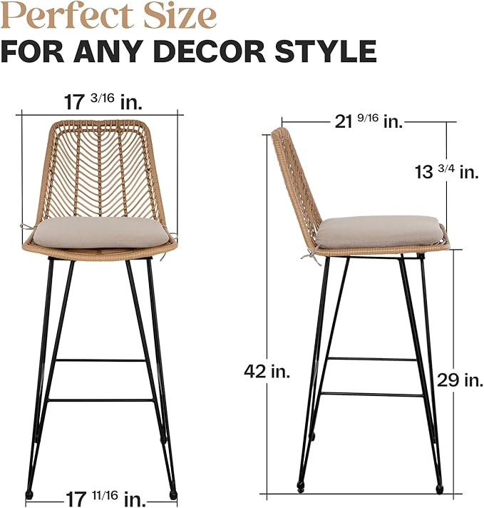 IDZO 400lbs Capacity Rattan Bar Stools Set of 2, 29-Inch Height, Outdoor & Indoor Use, Comfort Cushion, Solid Steel Frame, Durable Powder Coating, Easy Assembly, Ideal for Kitchen Island & Patio
