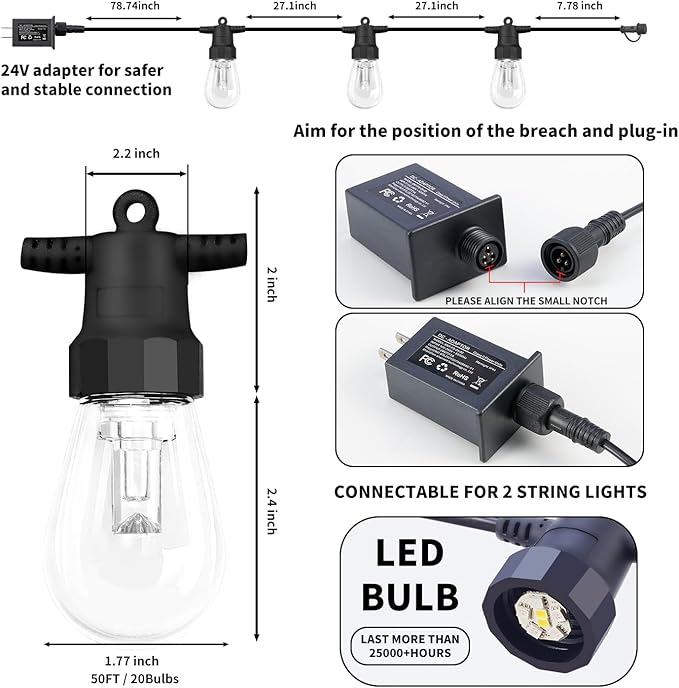 Outdoor String Lights 100FT (2×50FT), Patio Lights with 40 Dimmable RGBW LED Bulbs, IP66 Waterproof & Shatterproof, APP & Remote Control, 24V Adapter, Color Changing Lights for Backyard Decor