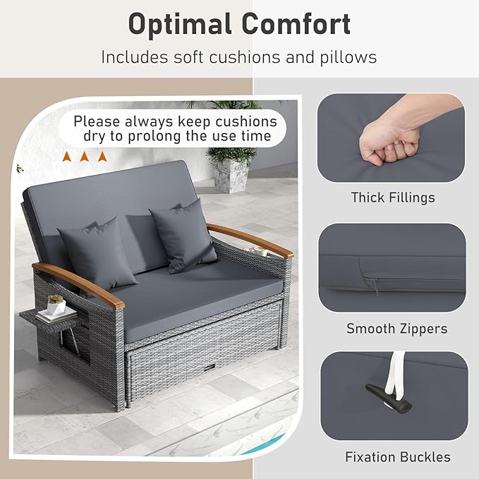 LDAILY Moccha Outdoor Wicker Daybed, Patio Rattan Loveseat Sofa w/ 4-Level Adjustable Backrest, Folding Panels, Storage Ottoman & Cushions, Lounge Furniture Set for Poolside Backyard Porch (Grey)