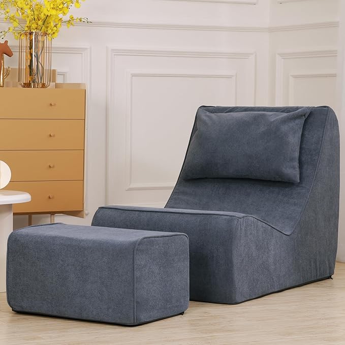 Giant Bean Bag Chair for Adults - Indoor Chaise Lounge with Neck Pillow & Ottoman, All-in-One Sponge Design, Comfy Floor Chair for Reading, Gaming, Napping, and Movies (SlateGray)