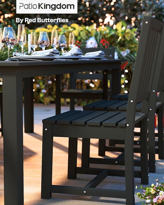 7-Piece Black Outdoor Dining Set with White 15FT Large Patio Umbrella, 75.2'' HDPE Table & Chairs for 6, Weather-Resistant Furniture with Umbrella Hole for Patio, Lawn, Poolside