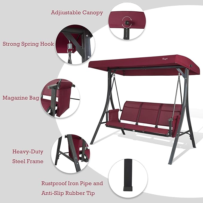 Kozyard Brenda 3-Seat Outdoor Porch Swing Glider, Patio Swing with Adjustable Canopy, Steel Frame, Breathable Textilene Seat & Back, Side Pockets (Burgundy)