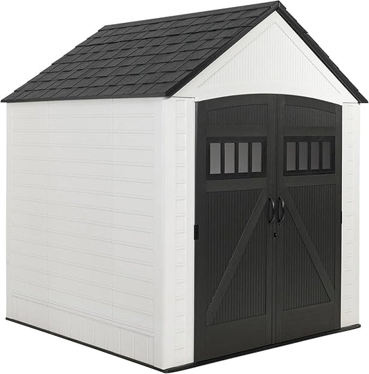 Rubbermaid Resin Outdoor Storage Shed With Floor (7 x 7 Ft) Weather Resistant, White, Organization for Home/Backyard/Garden Tools/Lawn Mower/Bike Storage/Pool Supplies