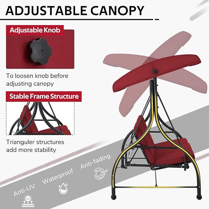 U-MAX Porch Swing with Cover, Patio Swing with Adjustable Backrest&Canopy 3 Seat Outdoor Swing with Canopy 2-in-1 Convertible Patio Daybed with Removable Burgundy Cushions