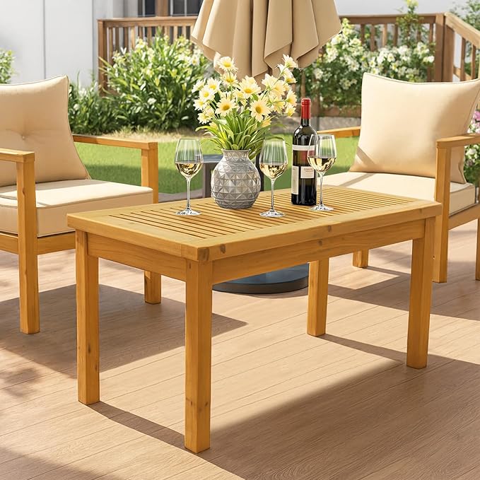 VINGLI Outdoor Wood Coffee Table, 35" Farmhouse Side Table for Patio, Solid Cedar Wood Accent Table with Slatted Tabletop, Weather-Resistant End Table for Garden, Poolside, Lawn, Living Room (Teak)