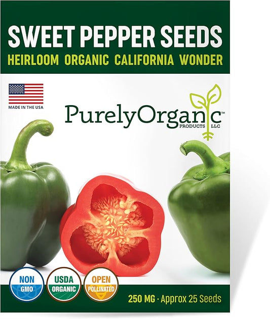 Organic Sweet Pepper Seeds (California Wonder) - Approx 25 Seeds - USDA Organic, Non-GMO, Open Pollinated, Heirloom, USA Origin