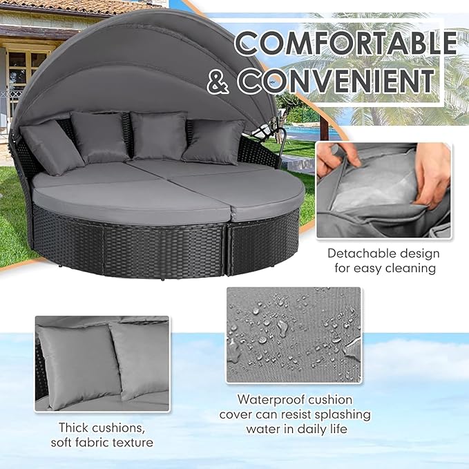 SUNCROWN Outdoor Patio Round Daybed with Retractable Canopy, Black Wicker Furniture Sectional Couch with Washable Cushions, Backyard, Porch
