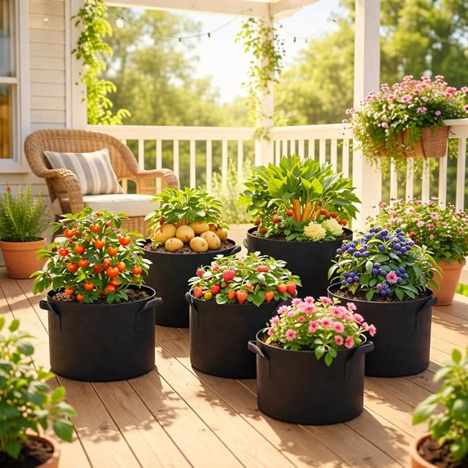 5 Pack 10 Gallon Thickened Grow Bags, Aeration Nonwoven Fabric Planting Bags with Handles, Heavy Duty 300G Garden Planter Pot for Tomato, Potato, Strawberry, Vegetable, Fruits and Flowers