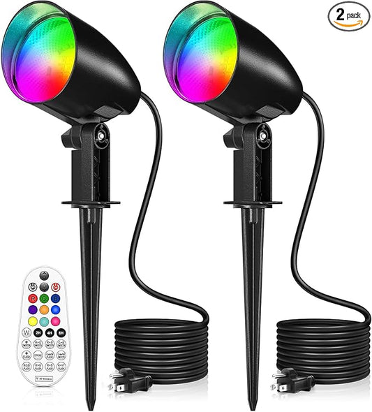 20W RGBW Color Changing Outdoor Spotlight with Remote Control 1880LM IP66 Waterproof LED Spot Lights for Christmas Halloween Decorative Yard Garden Pathway 120V US Plug 2 Pack