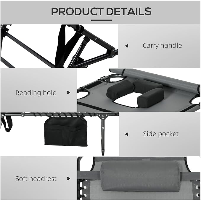 Outsunny Folding Chaise Lounge with 5-Level Reclining Back, Tanning Chair with Face Hole, Outdoor Lounge Chair with Side Pocket & Headrest for Beach, Yard, Patio, Gray