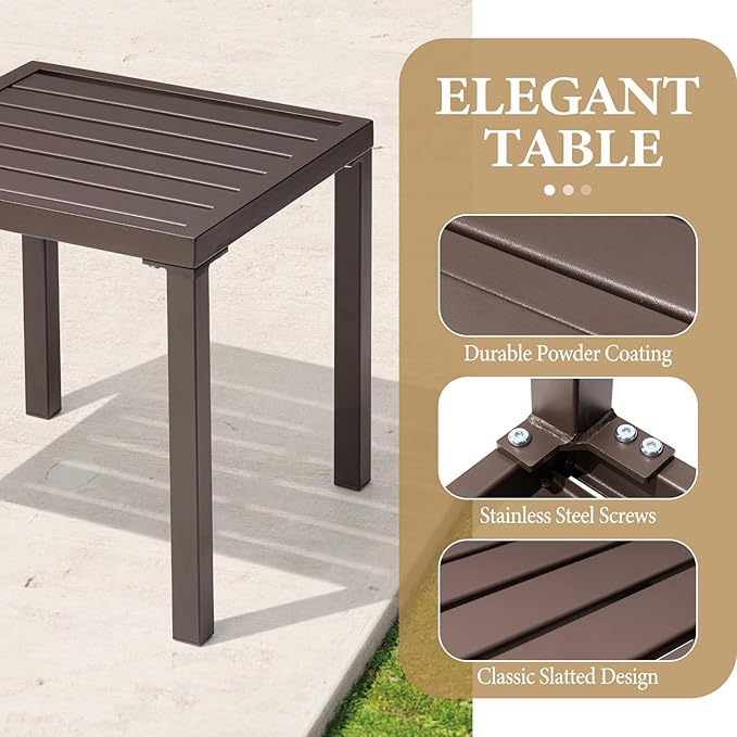 Crestlive Products Outdoor Side Table Set of 2, Small Square Metal End Table Weather Resistant Pool Side Tables for Patio Balcony(Brown)