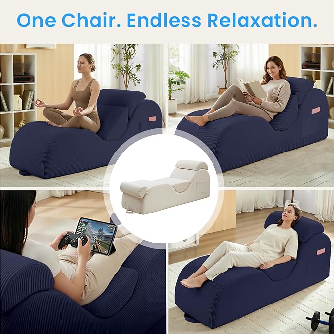 ijuicy 25" Wide Corduroy Yoga Chair, Yoga Lounge Chair for Adults, Chaise Lounge Chair Indoor/Yoga Lounger with Headrest, Waist Cushion, Movable Footrest, Side Pockets, High Density Sponge-Blue