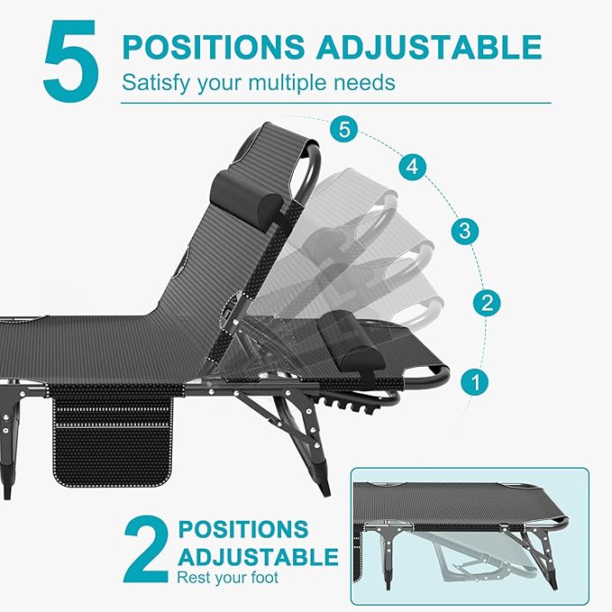 ABORON 2PK Chaise Lounge Chair,5 Positions Padded Outdoor Tanning Chair,Heavy Duty Portable Lounge Chair for Outdoor Sunbathing Patio Pool Lawn Deck Poolside,Support up to 440 Lbs