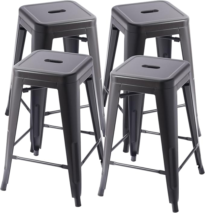 Stackable Metal Bar Stool Backless Indoor-Outdoor Counter Stools Fullmetal Dinning Chairs Set of 4 (Black, 24 Inch)