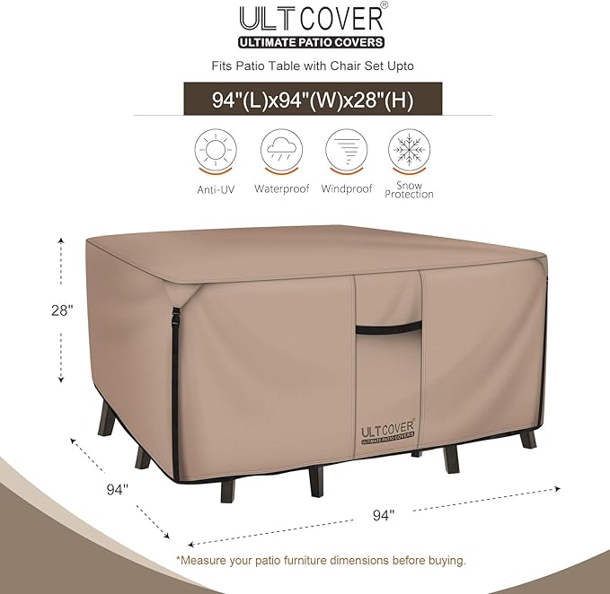 ULTCOVER Square Patio Heavy Duty Table Cover - 600D Tough Canvas Waterproof Outdoor Dining Table and Chairs General Purpose Furniture Cover 94 inch